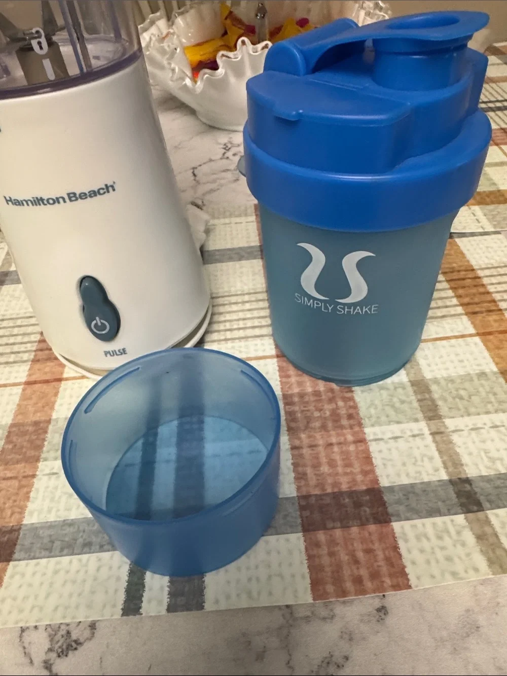 Hamilton Beach White Personal Blender with Blue Simply Shake Bottle